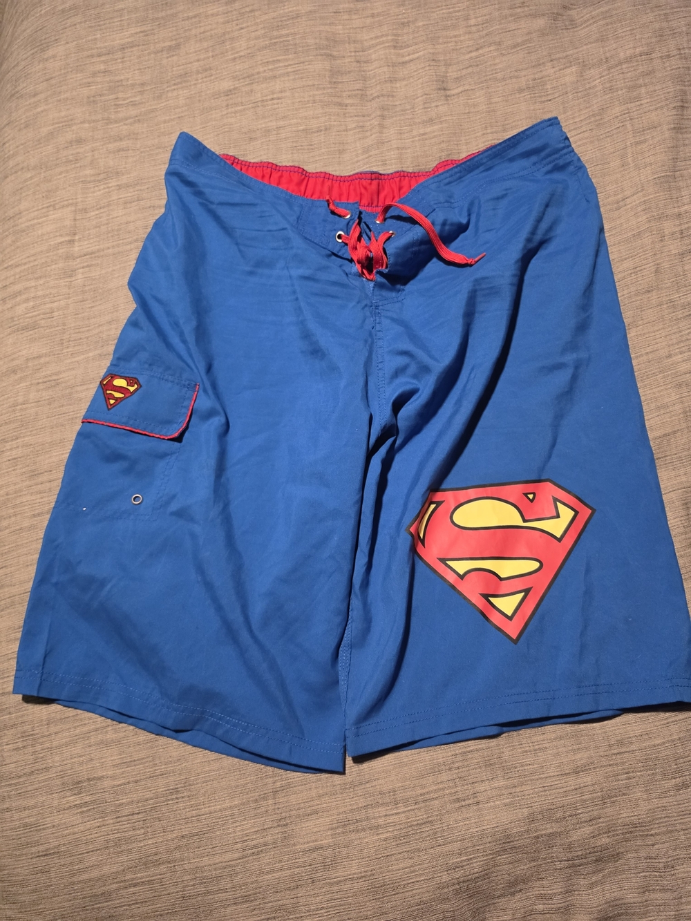 Superman Blue Swim Board Shorts with Red Logo Trim